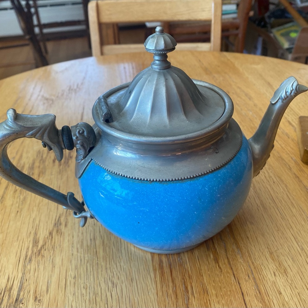 Vintage Manning & Bowman Blue Teapot w/ Silver Pewter Tone Metal